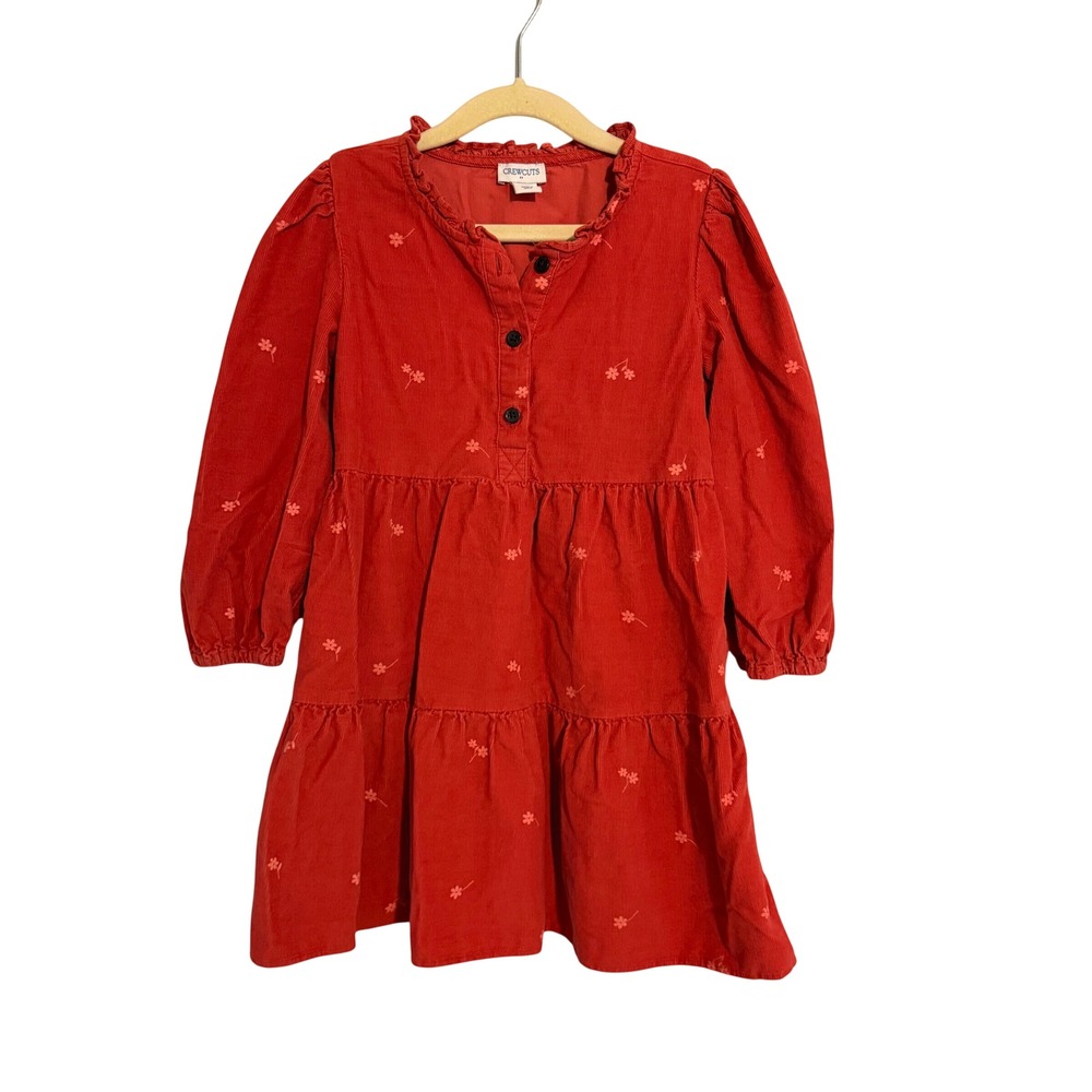 Crewcuts Girls Rust Red Corduroy Fall Floral Tiered Dress‎ Size 6 Long Sleeve